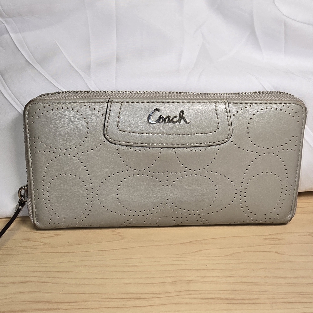 COACH F45560 Ashley Gray Taupe Zip Around Accordian Perforated Leather Wallet